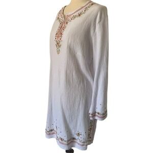 Zehria Boho Embroidered Tunic Top XXL White Red 100% Cotton Turkey Hippie EUC